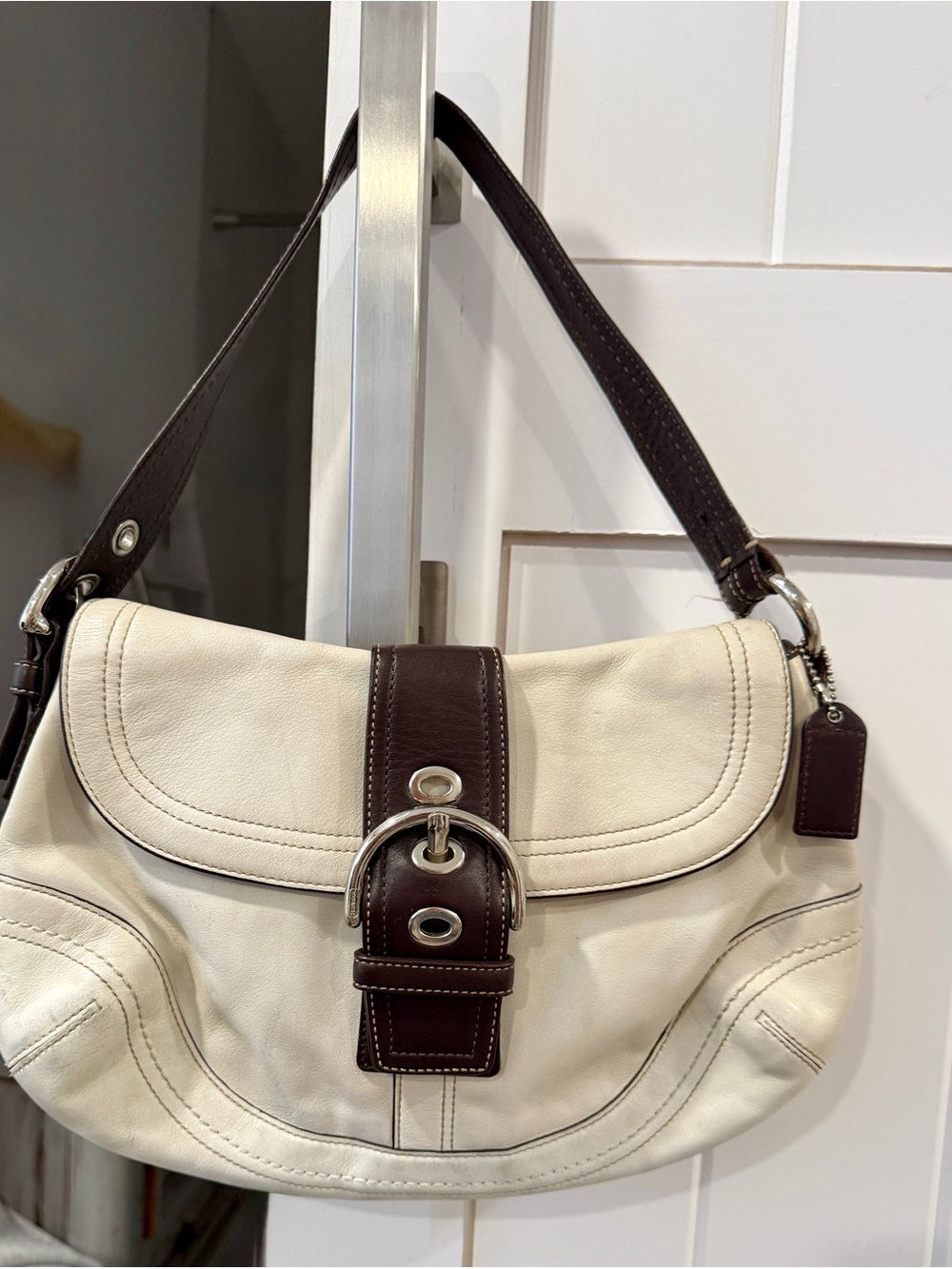 Coach Leather Shoulder Bag in Cream and Dark Brown - Classic Women's Handbag